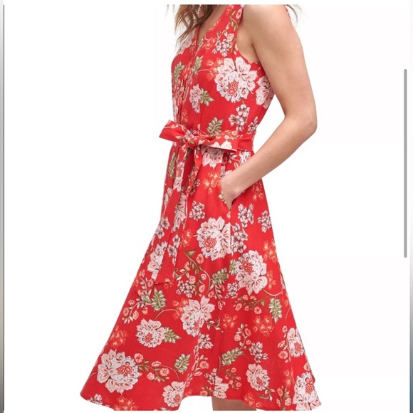 Jessica Howard Red Sleeveless Linen Floral Button Down Dress 6P - Picture 2 of 12